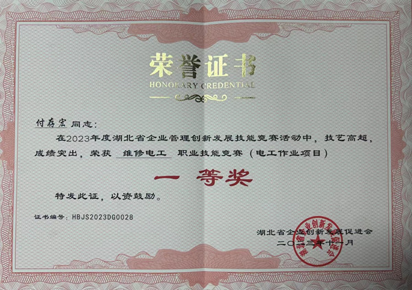 付存宏荣获职业技能竞赛维修电工一等奖